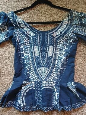Women's Navy Blue Dashiki WaxPrimt Peplum Top